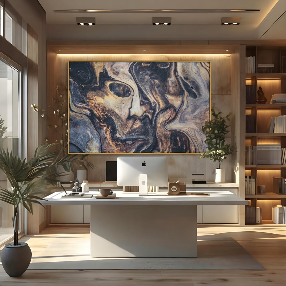 Tablou canvas cu tablou canvas cu pictura abstracta aurie si neagra, in rama de aluminiu auriu, pe perete intr-un birou